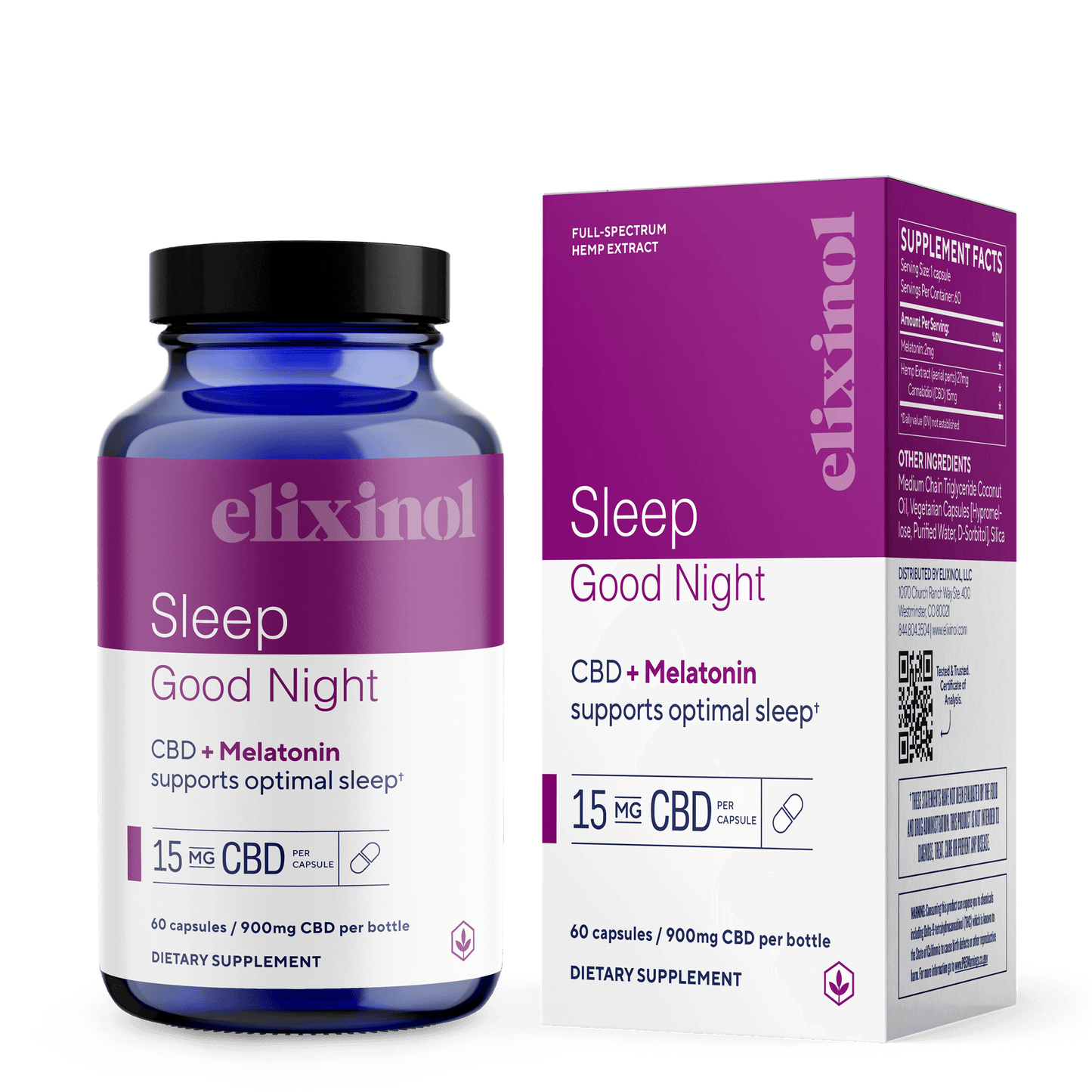 Elixinol Full Spectrum CBD Capsules, Melatonin - 900mg, 60ct